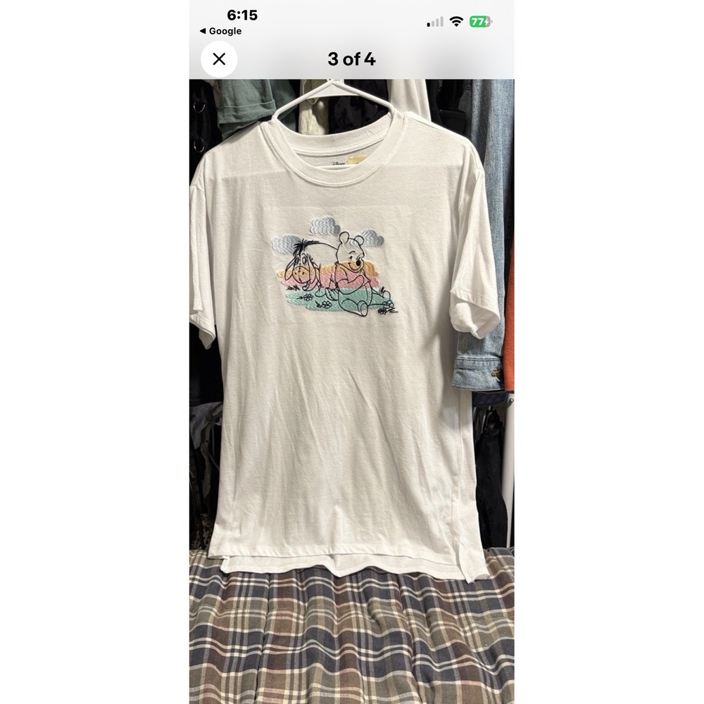 Disney Winnie the Pooh Eeyore Embroidered White T-Shirt Pastel Graphic Mens‎ L